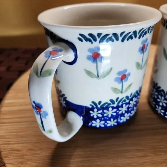 Polish Pottery Coffee Cups/Mugs Blue Daisy Hand Made Set of 2 New - Picture 2 of 6